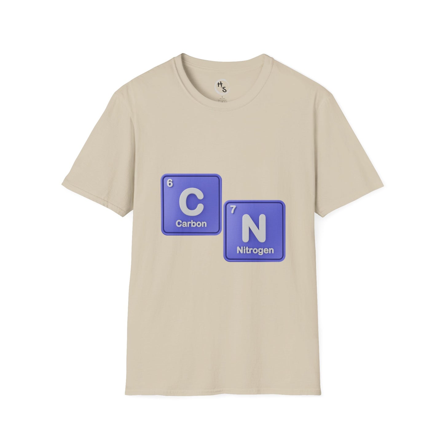 Beige t-shirt with blue 67 chemical element symbols on a white background