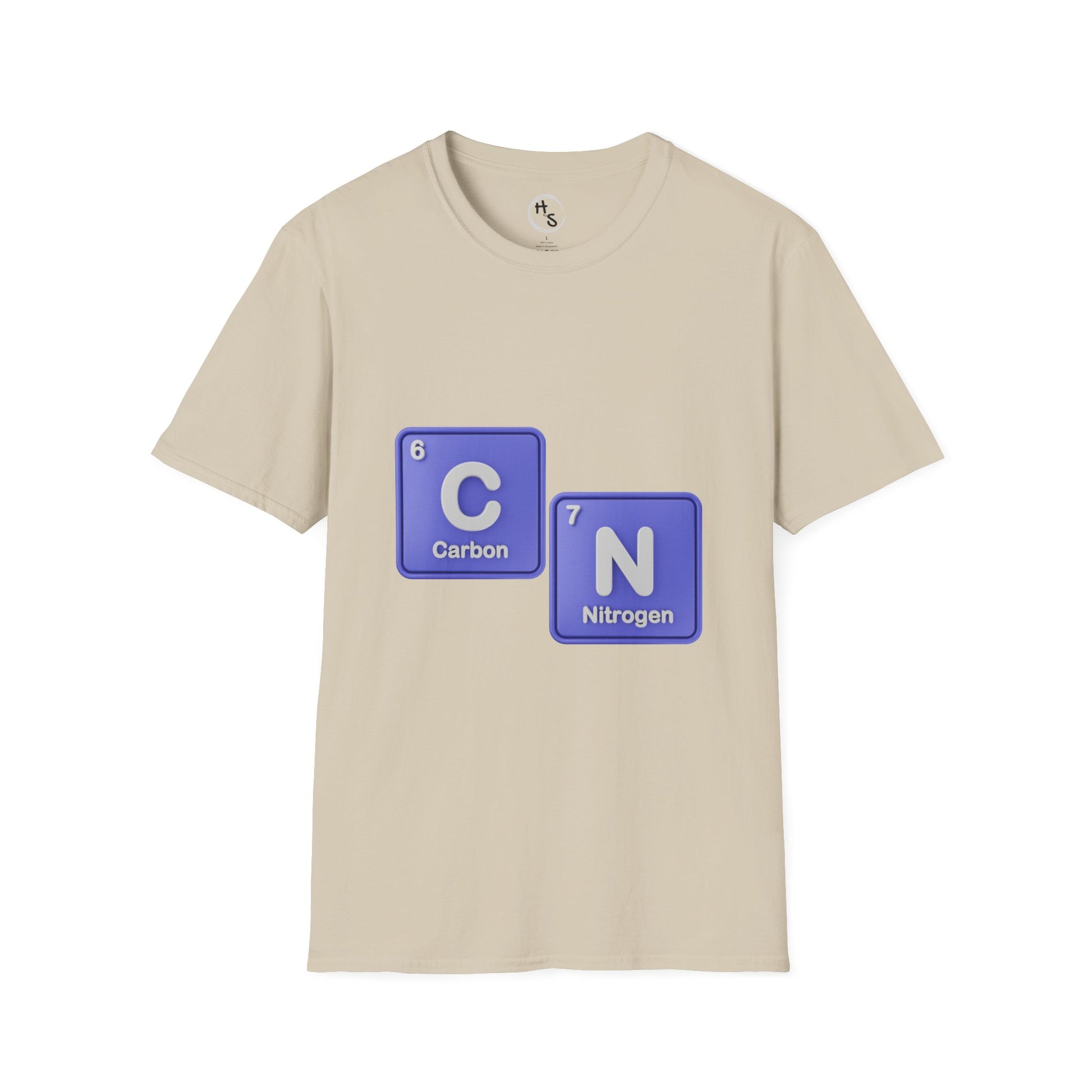 Beige t-shirt with blue 67 chemical element symbols on a white background