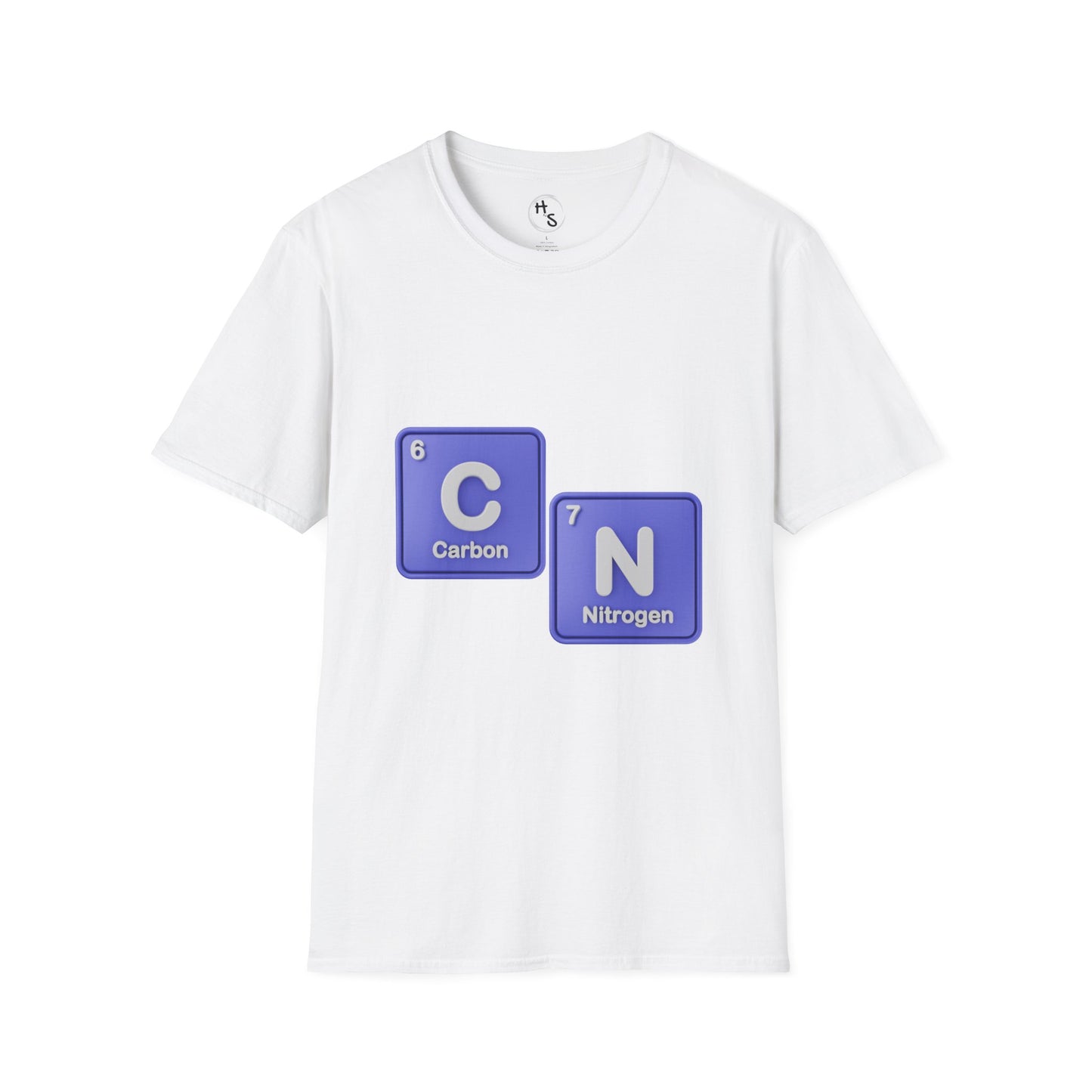 White t-shirt with blue 67 chemical element symbols on a white background