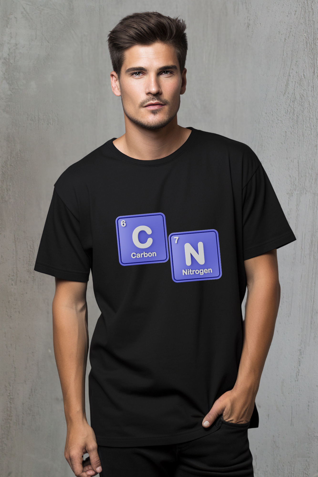 Man wearing a black t-shirt with 67 'Carbon' and 'Nitrogen' elements on a gray background