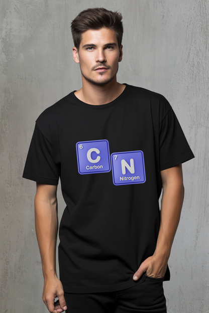 Man wearing a black t-shirt with 67 'Carbon' and 'Nitrogen' elements on a gray background
