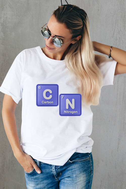 Person wearing a white t-shirt with 67 chemical element symbols on a gray background