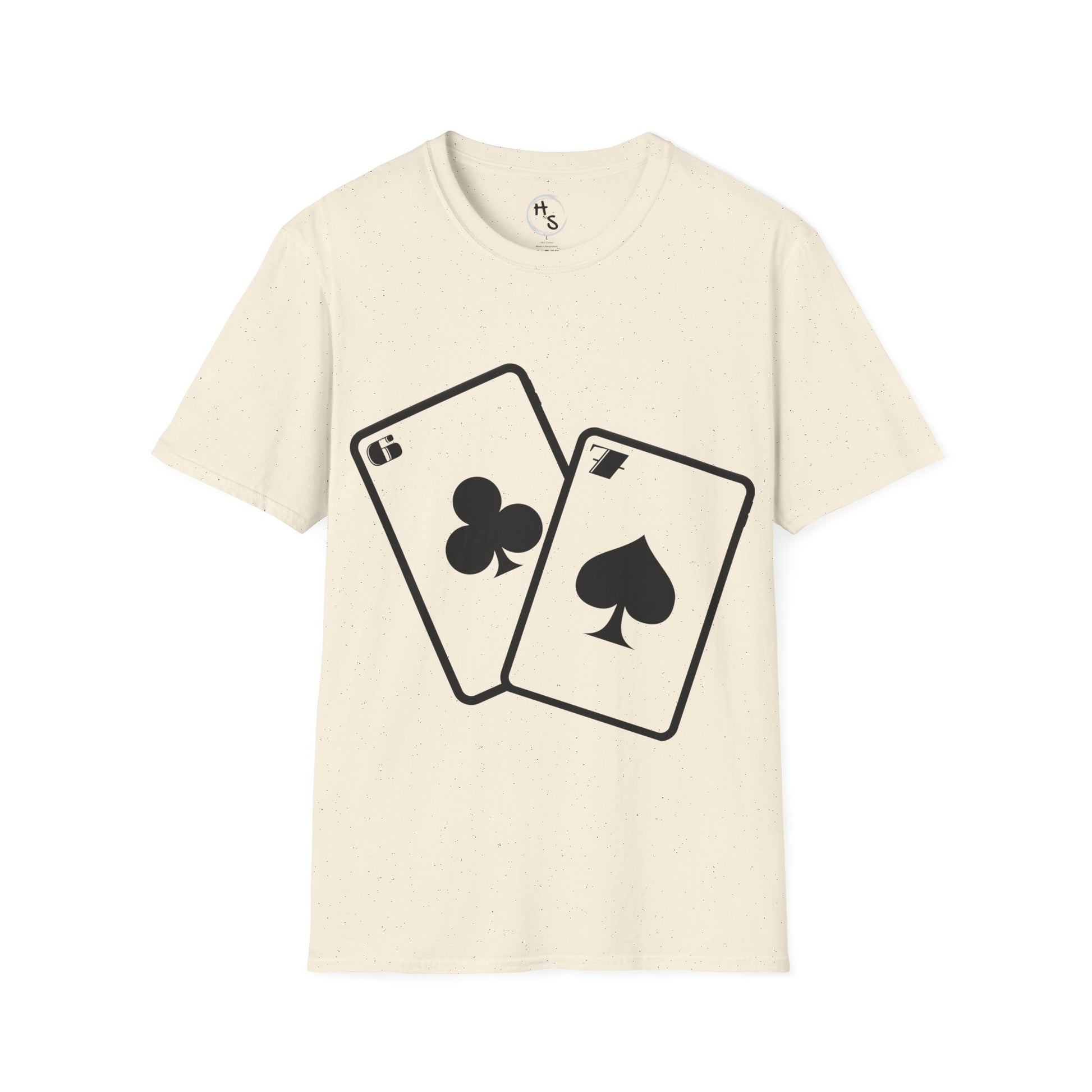 Beige t-shirt with 67 black playing card symbols on a beige background