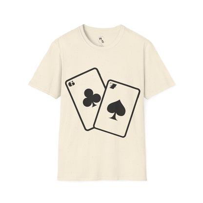 Beige t-shirt with 67 black playing card symbols on a beige background