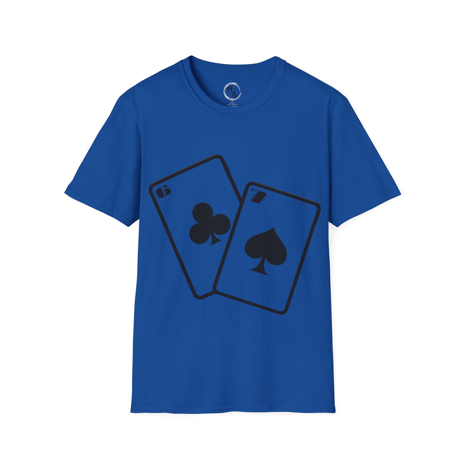 Blue t-shirt with black 67 playing card symbols on a blue background