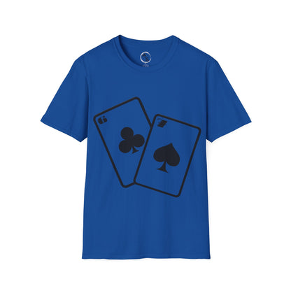 Blue t-shirt with black 67 playing card symbols on a blue background