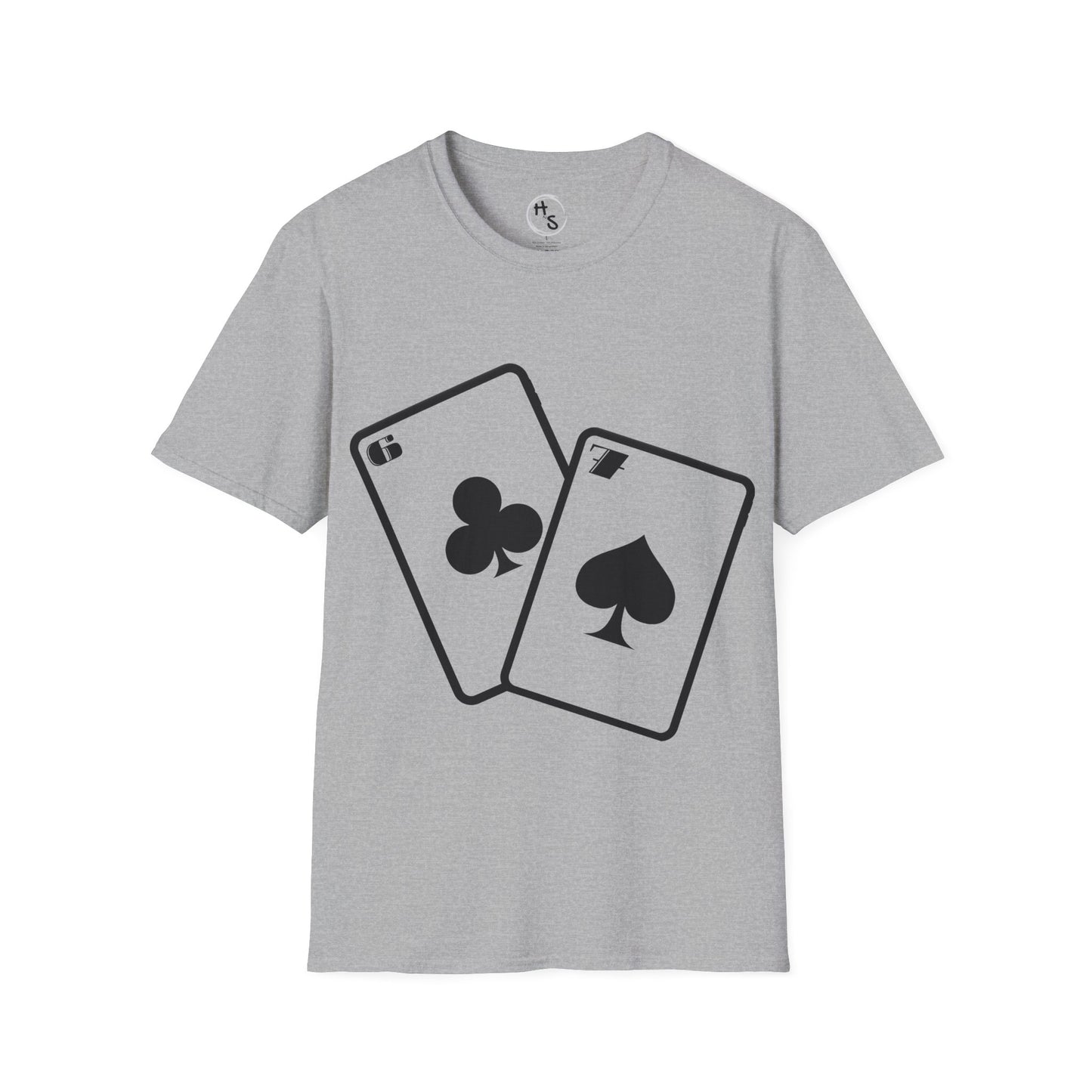 Gray t-shirt with 67 black playing card symbols on a grey background
