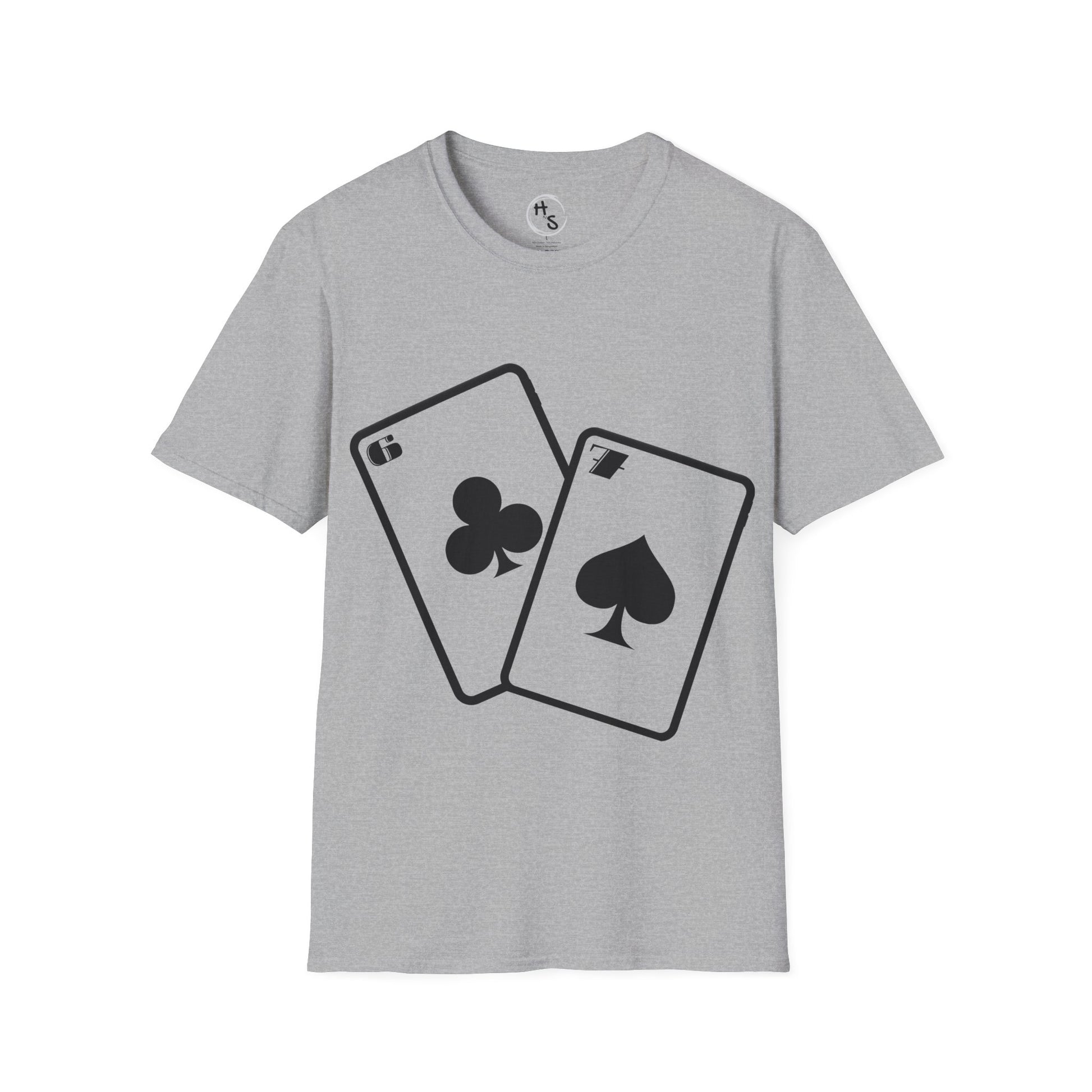 Gray t-shirt with 67 black playing card symbols on a grey background