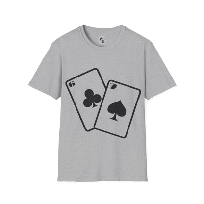 Gray t-shirt with 67 black playing card symbols on a grey background