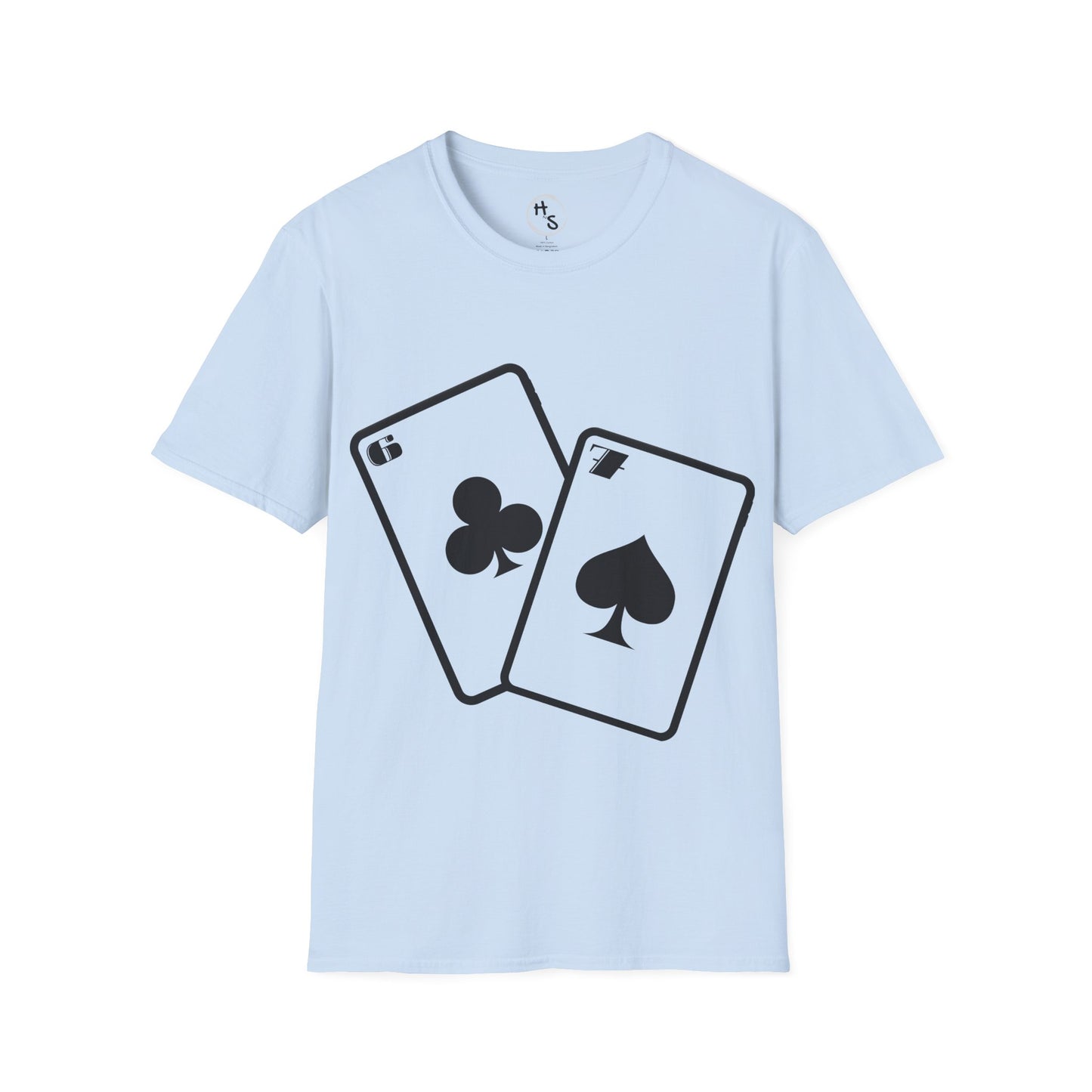 Light blue t-shirt with 67 black playing card symbols on a light blue background