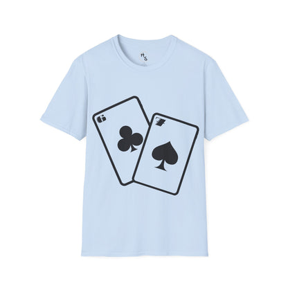 Light blue t-shirt with 67 black playing card symbols on a light blue background