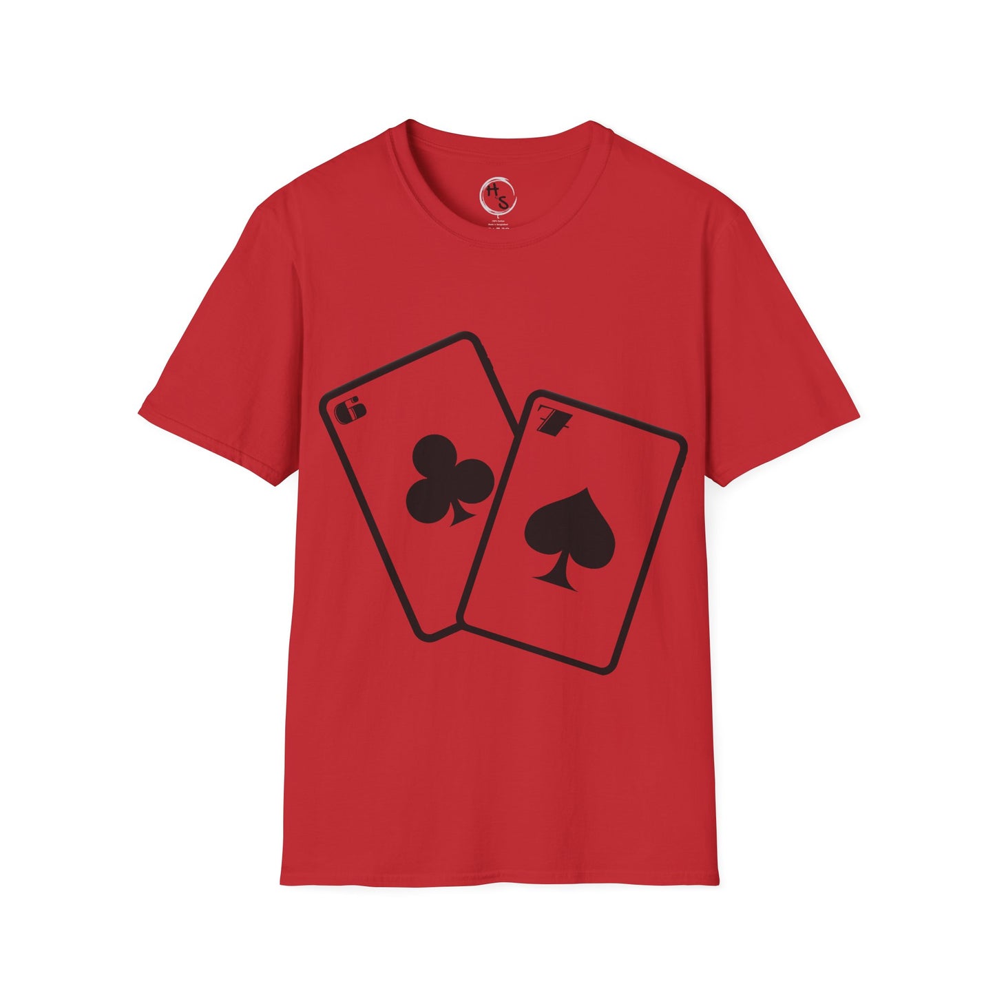 Red t-shirt with 67 black playing card symbols on a red background