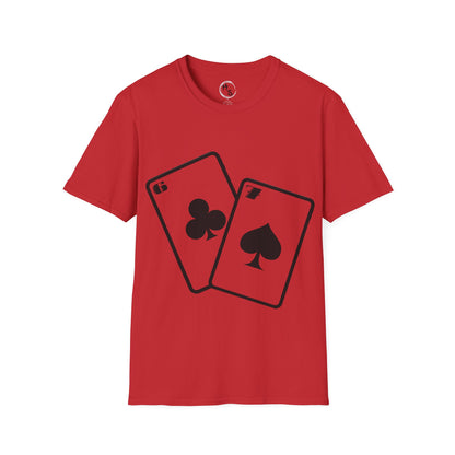 Red t-shirt with 67 black playing card symbols on a red background