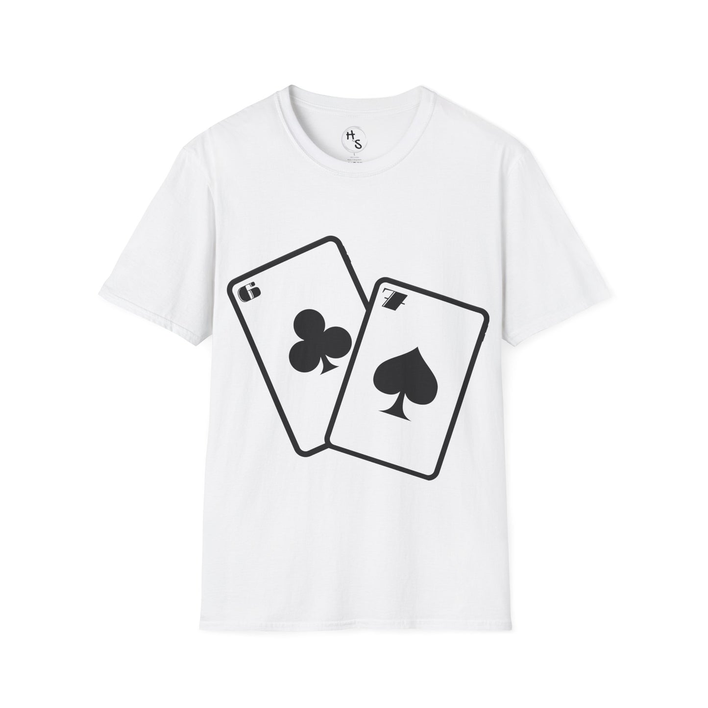 White t-shirt with black 67 playing card symbols on a white background