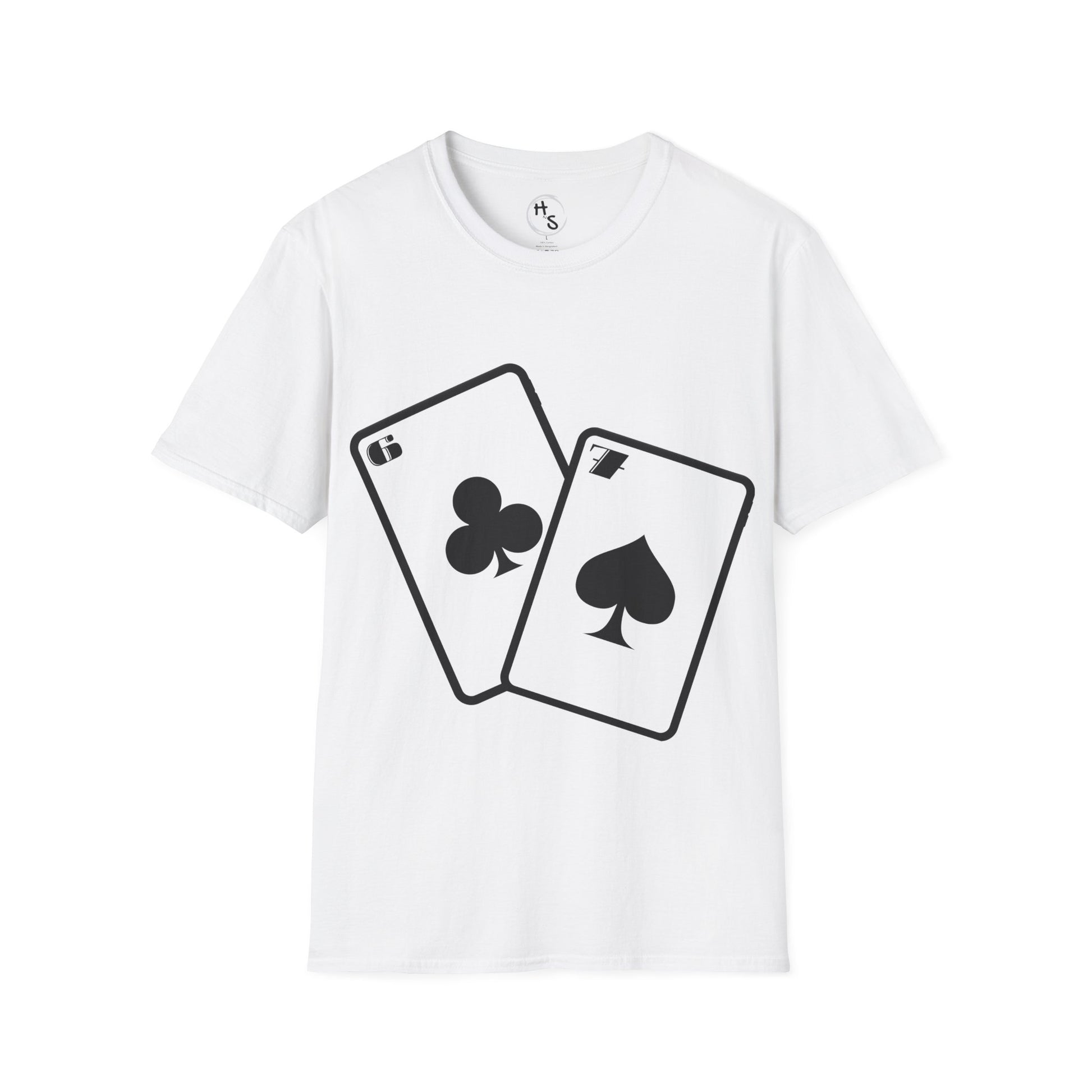 White t-shirt with black 67 playing card symbols on a white background