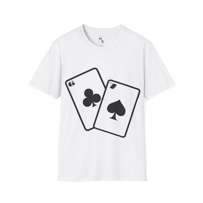 White t-shirt with black 67 playing card symbols on a white background