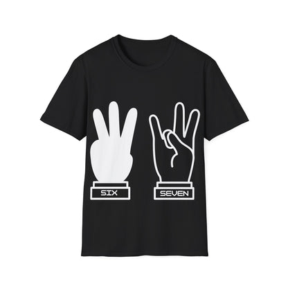 Black t-shirt with white 67 hand designs and 'SIX' and 'SEVEN' text on a white background
