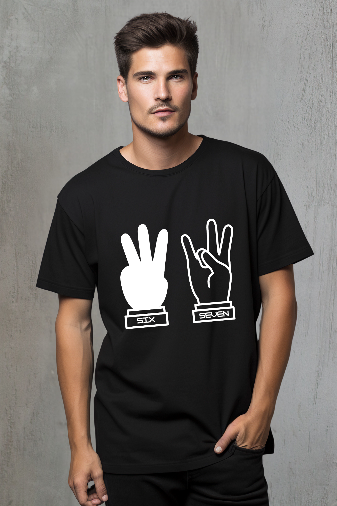 Man wearing a black t-shirt with white 67 hand gesture designs and text on a gray background