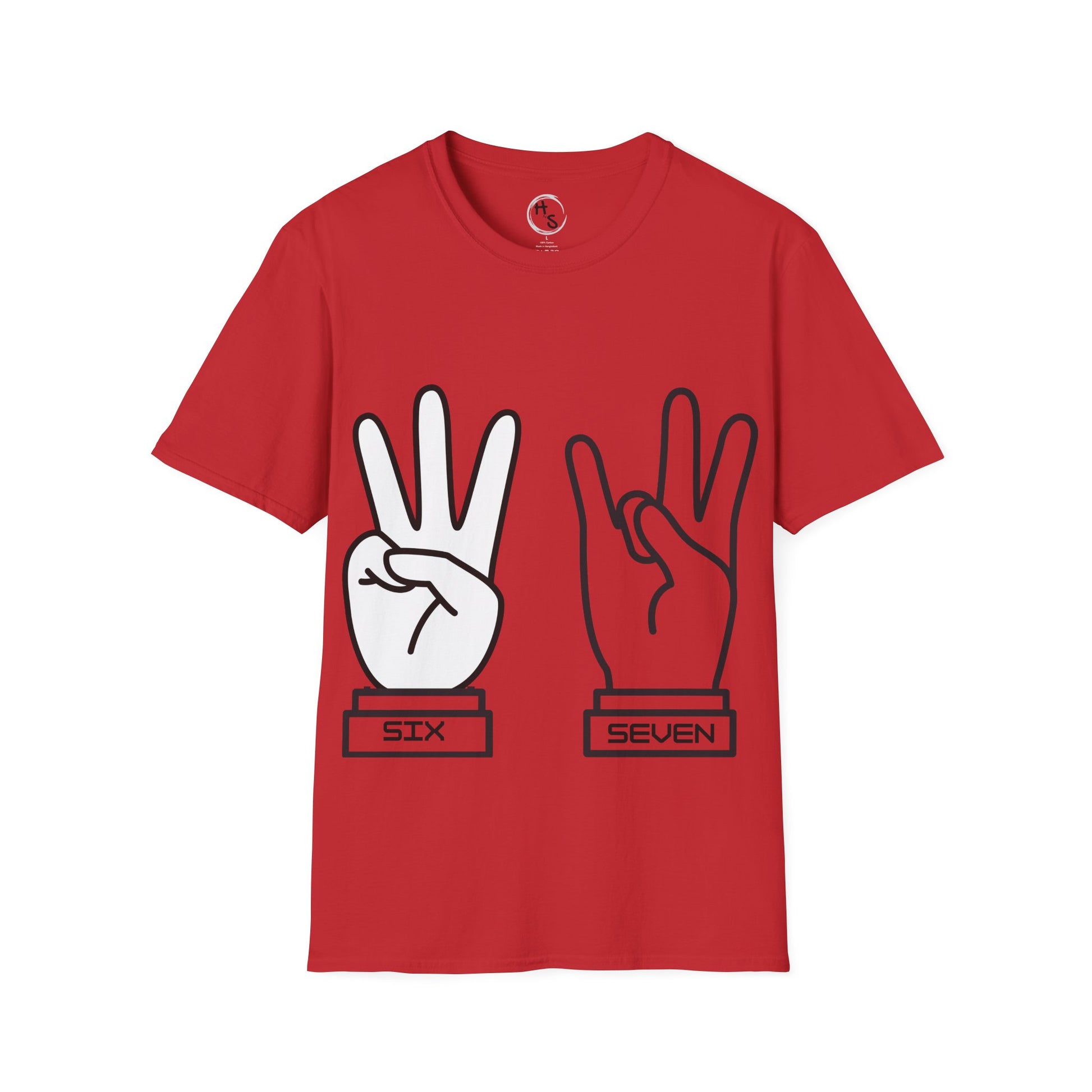 Red t-shirt with 67 hand signs for 'six' and 'seven' on a white background