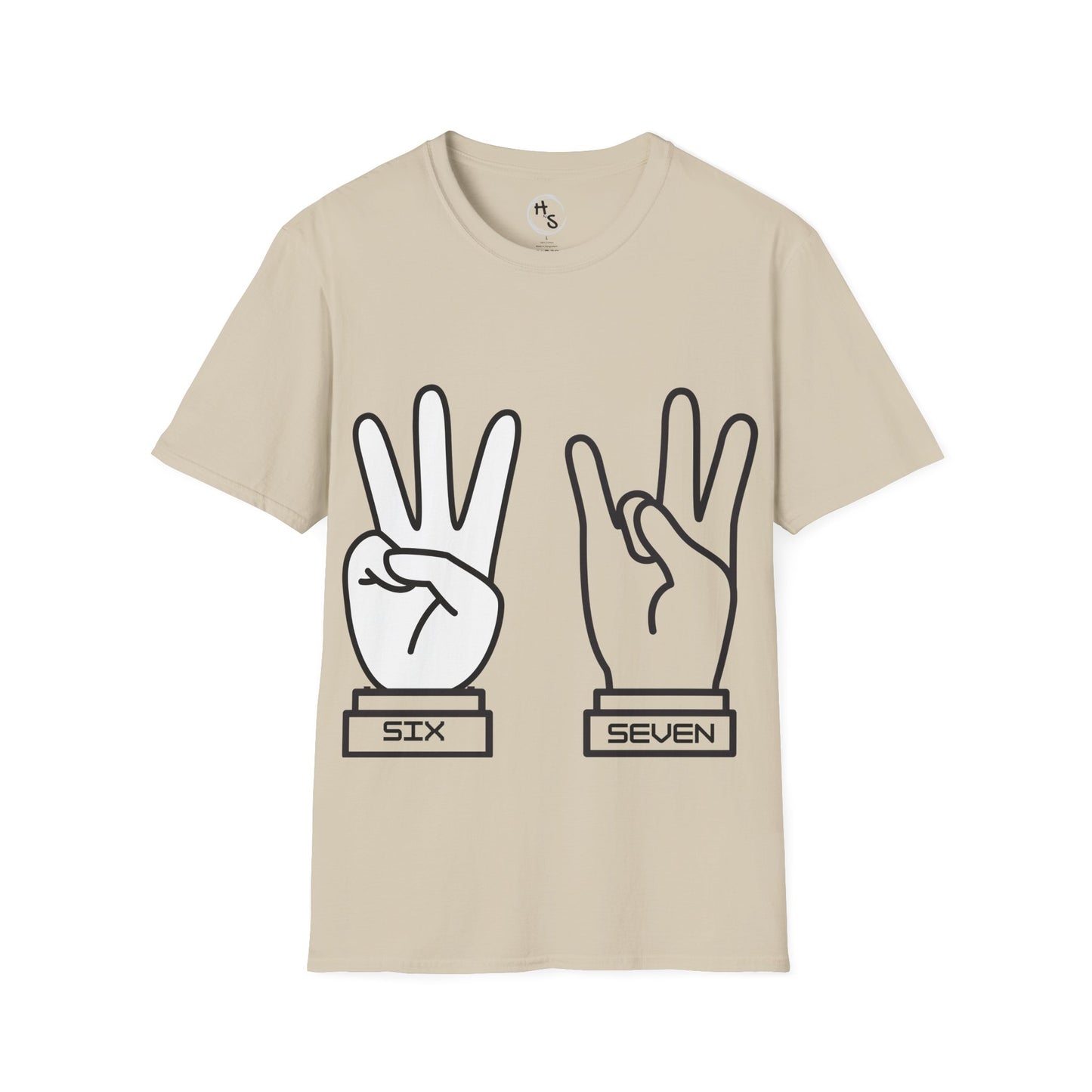 Beige t-shirt with 67 hand gestures labeled 'Six' and 'Seven' on a white background