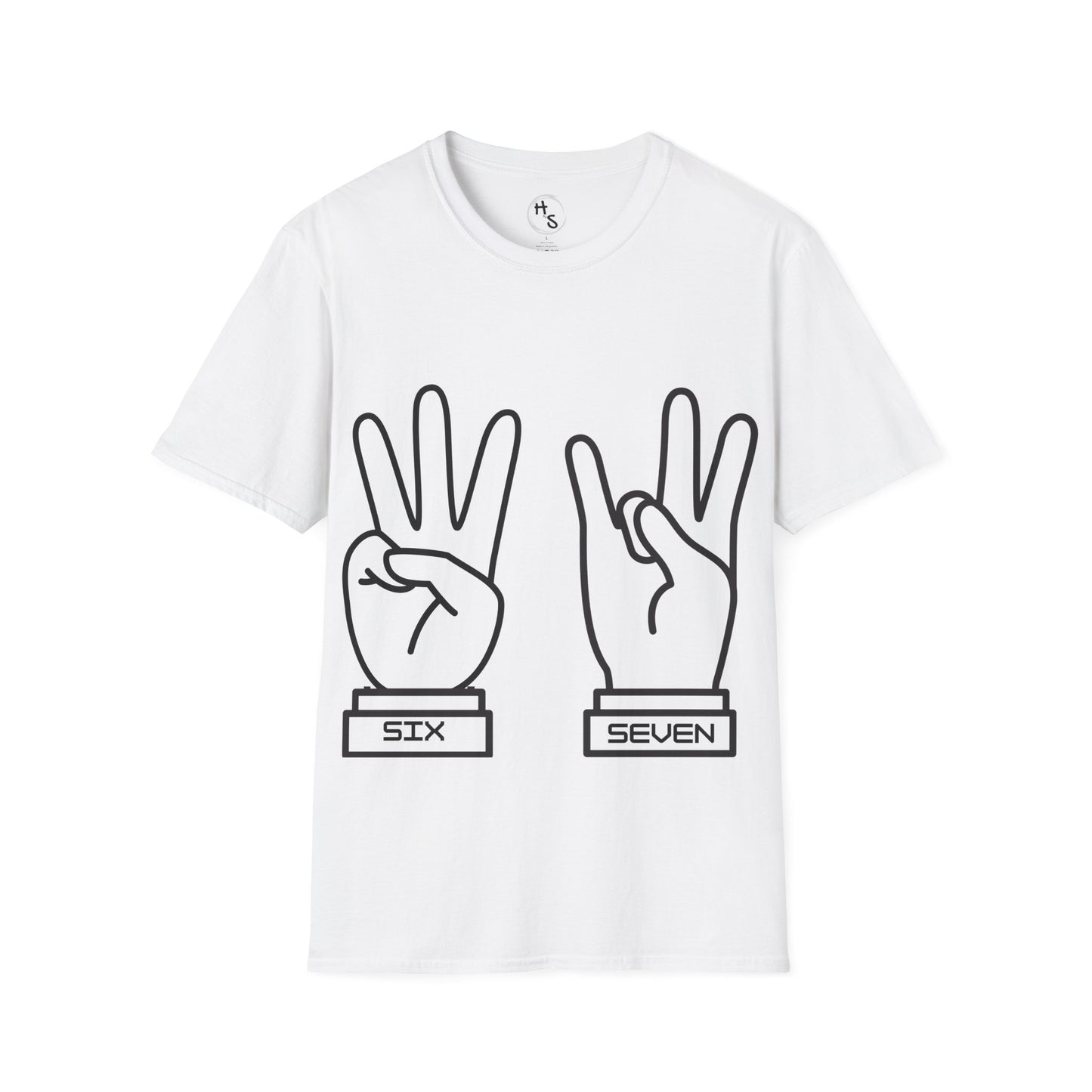 White t-shirt with black 67 hand gestures and labels 'Six' and 'Seven' on a white background