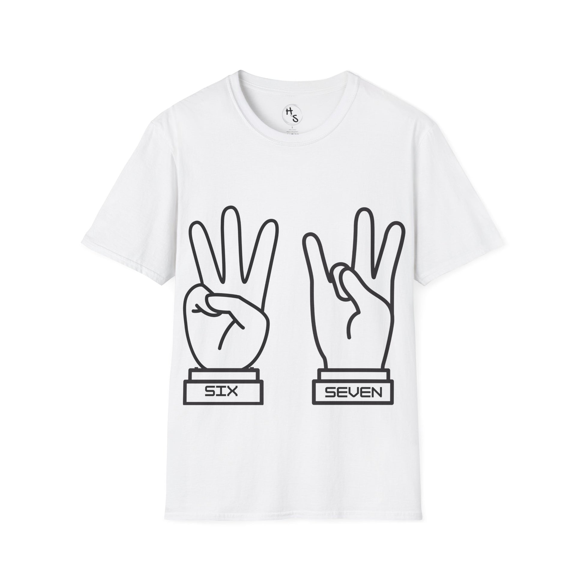 White t-shirt with black 67 hand gestures and labels 'Six' and 'Seven' on a white background