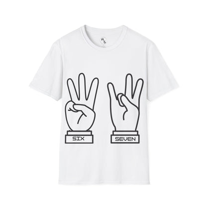 White t-shirt with black 67 hand gestures and labels 'Six' and 'Seven' on a white background