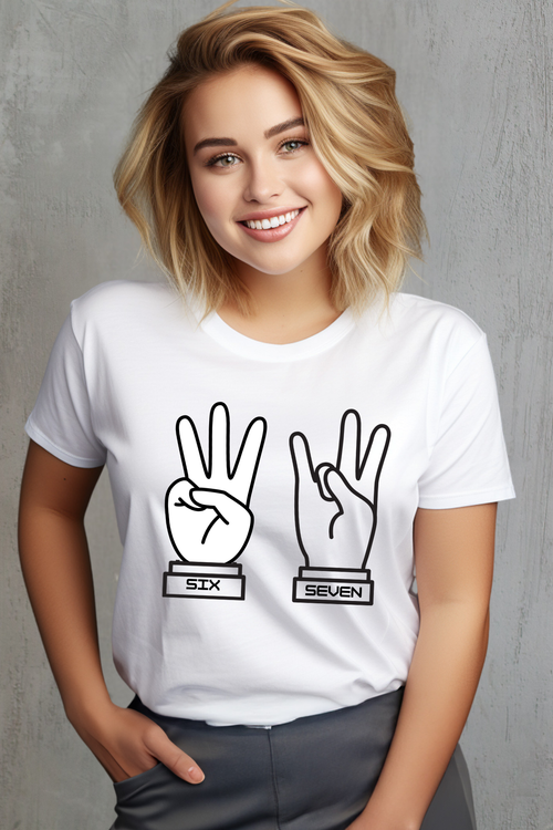 Person wearing a white t-shirt with 67 hand signs and numbers on a gray background