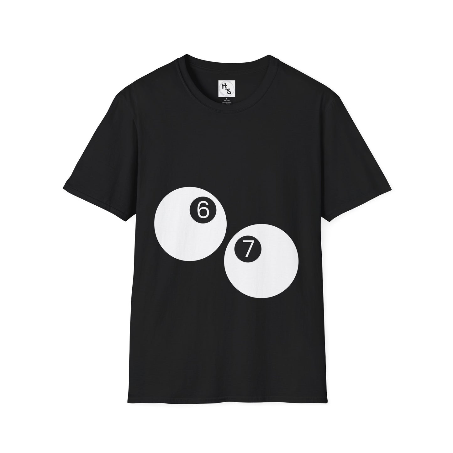 Black t-shirt with white circles featuring numbers on a white background