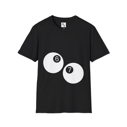 Black t-shirt with white circles featuring numbers on a white background