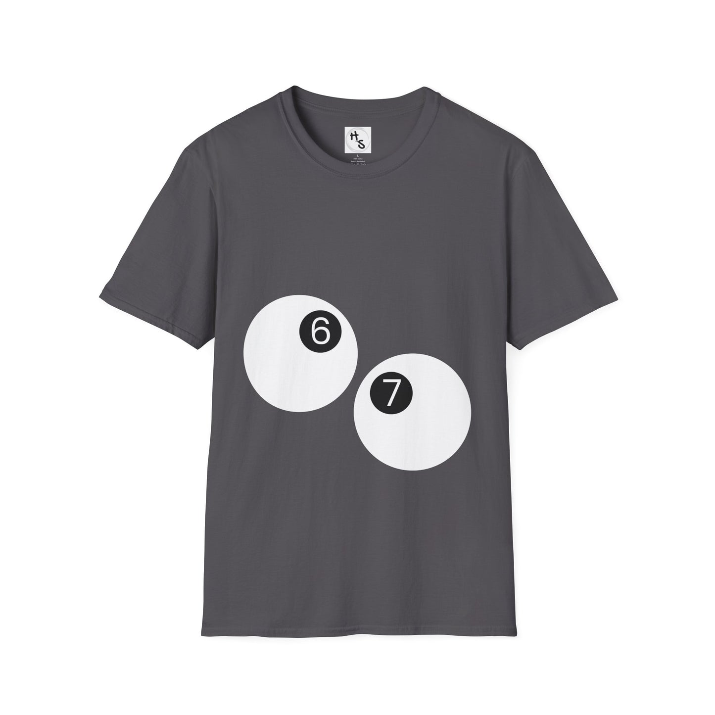 Gray t-shirt with white billiard ball design featuring numbers on a white background