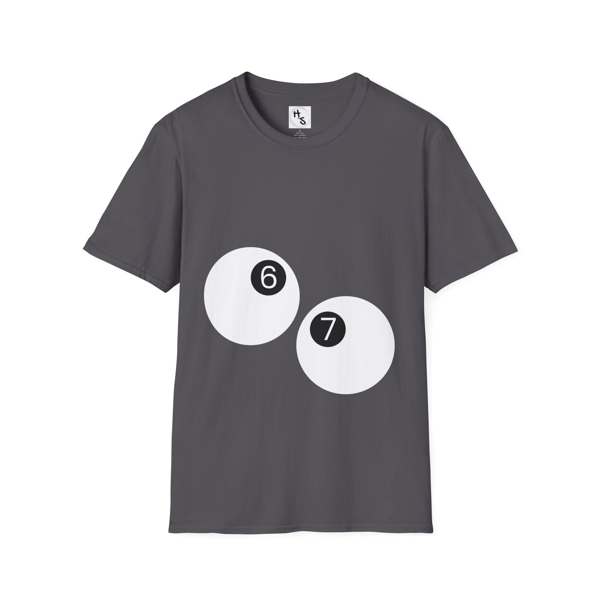 Gray t-shirt with white billiard ball design featuring numbers on a white background