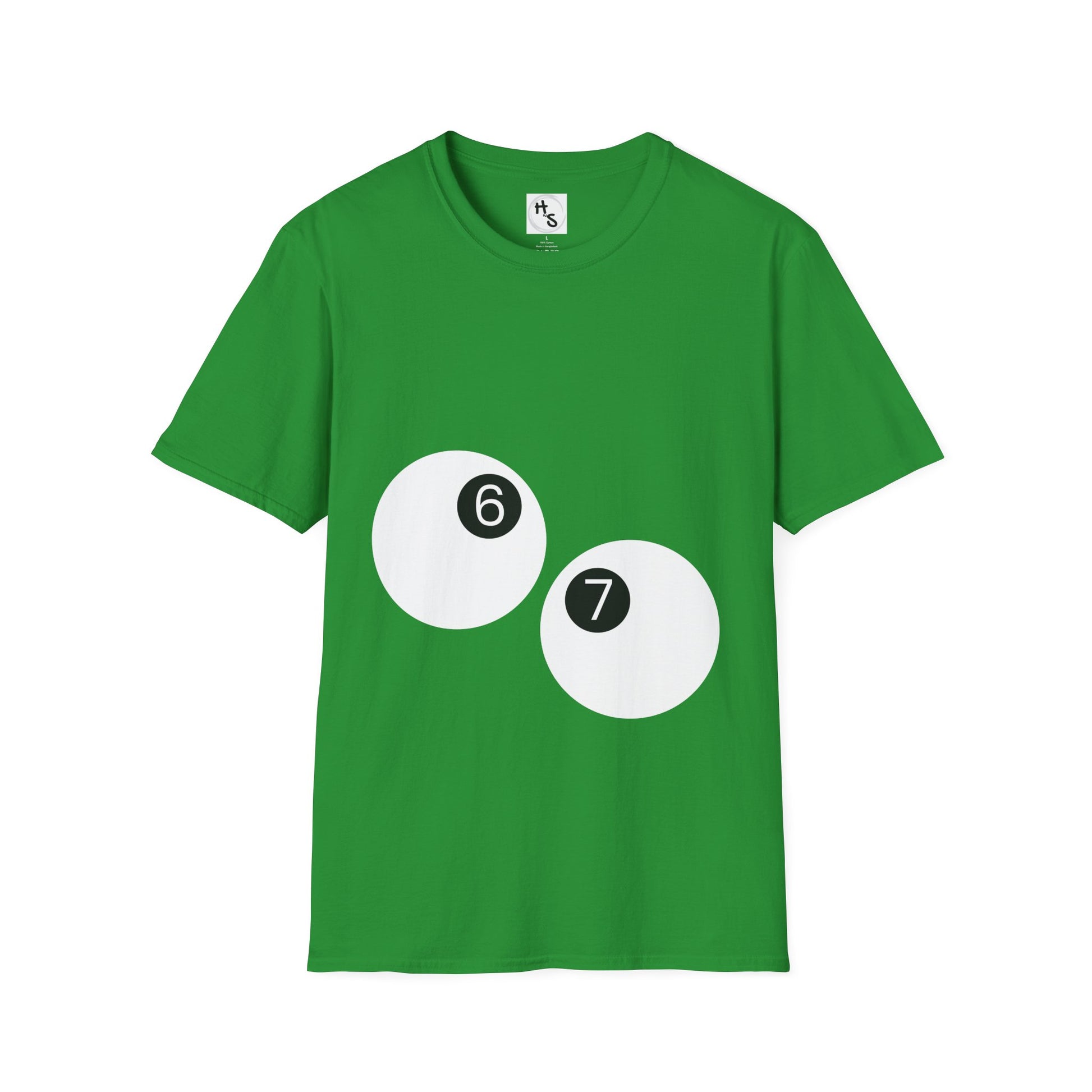 Green t-shirt with billiard ball design featuring numbers 6 and 7 on a white background
