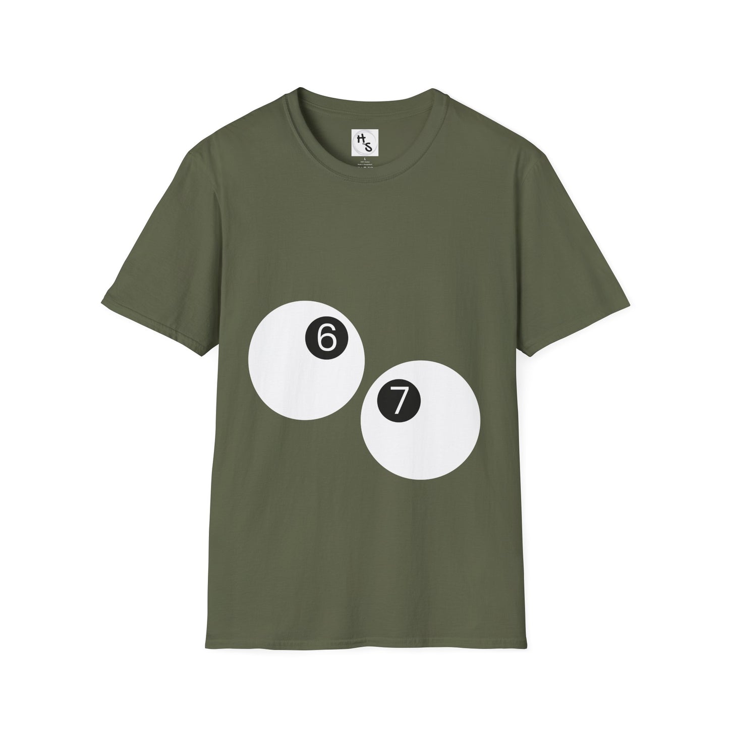 Green t-shirt with number 6 and 7 design on a white background