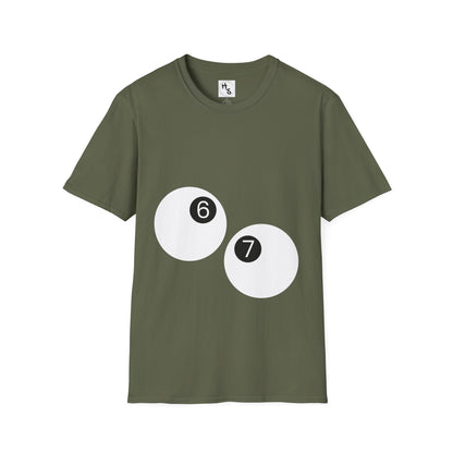 Green t-shirt with number 6 and 7 design on a white background