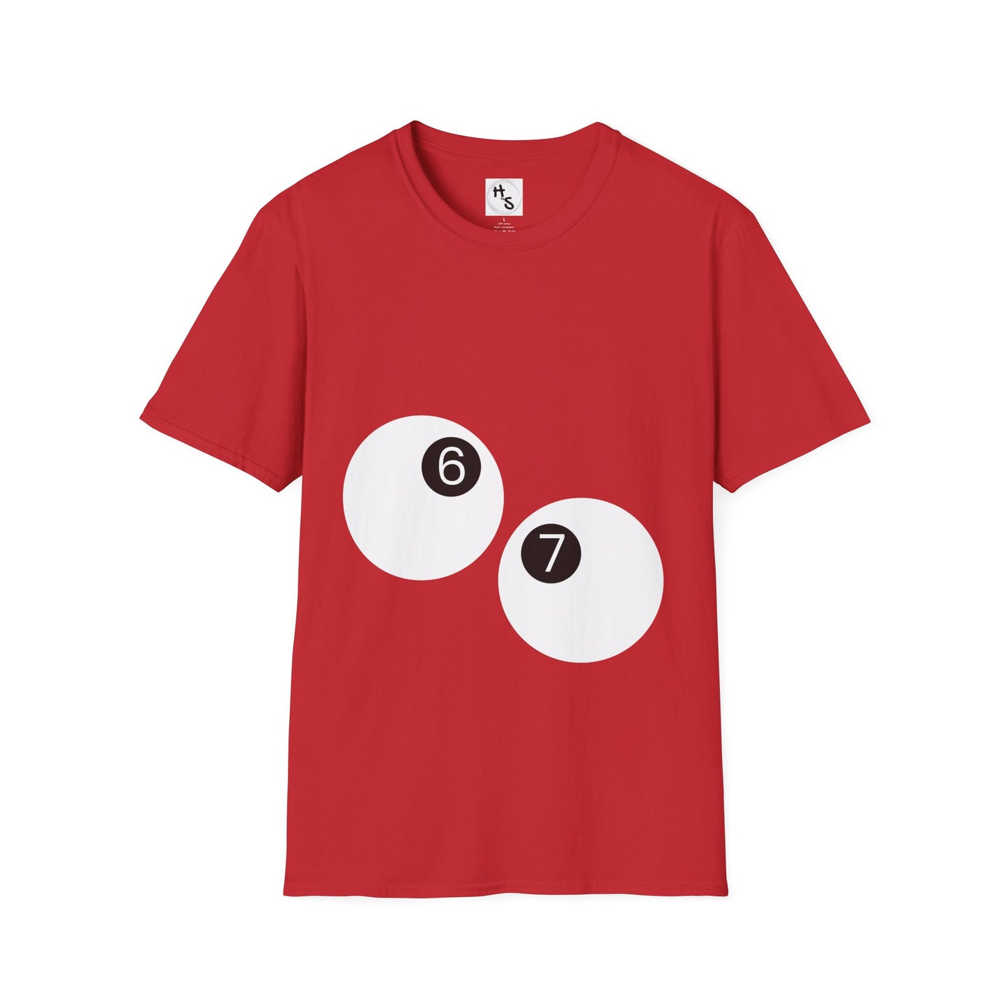 Red t-shirt with white circles featuring numbers 6 and 7 on a white background