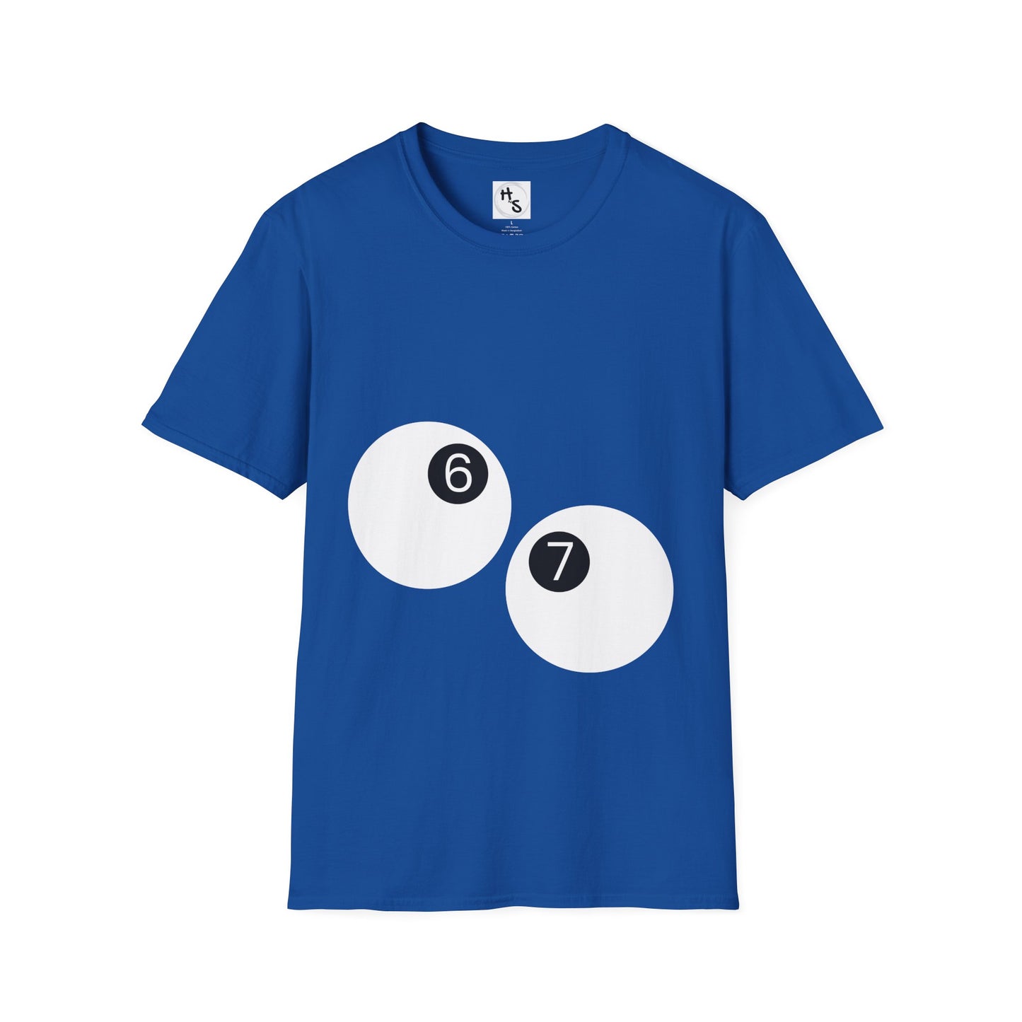 Blue t-shirt with white billiard ball design featuring numbers on a white background