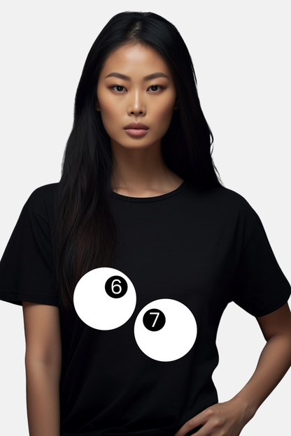 Woman wearing a black t-shirt with white circle designs featuring numbers on a plain background