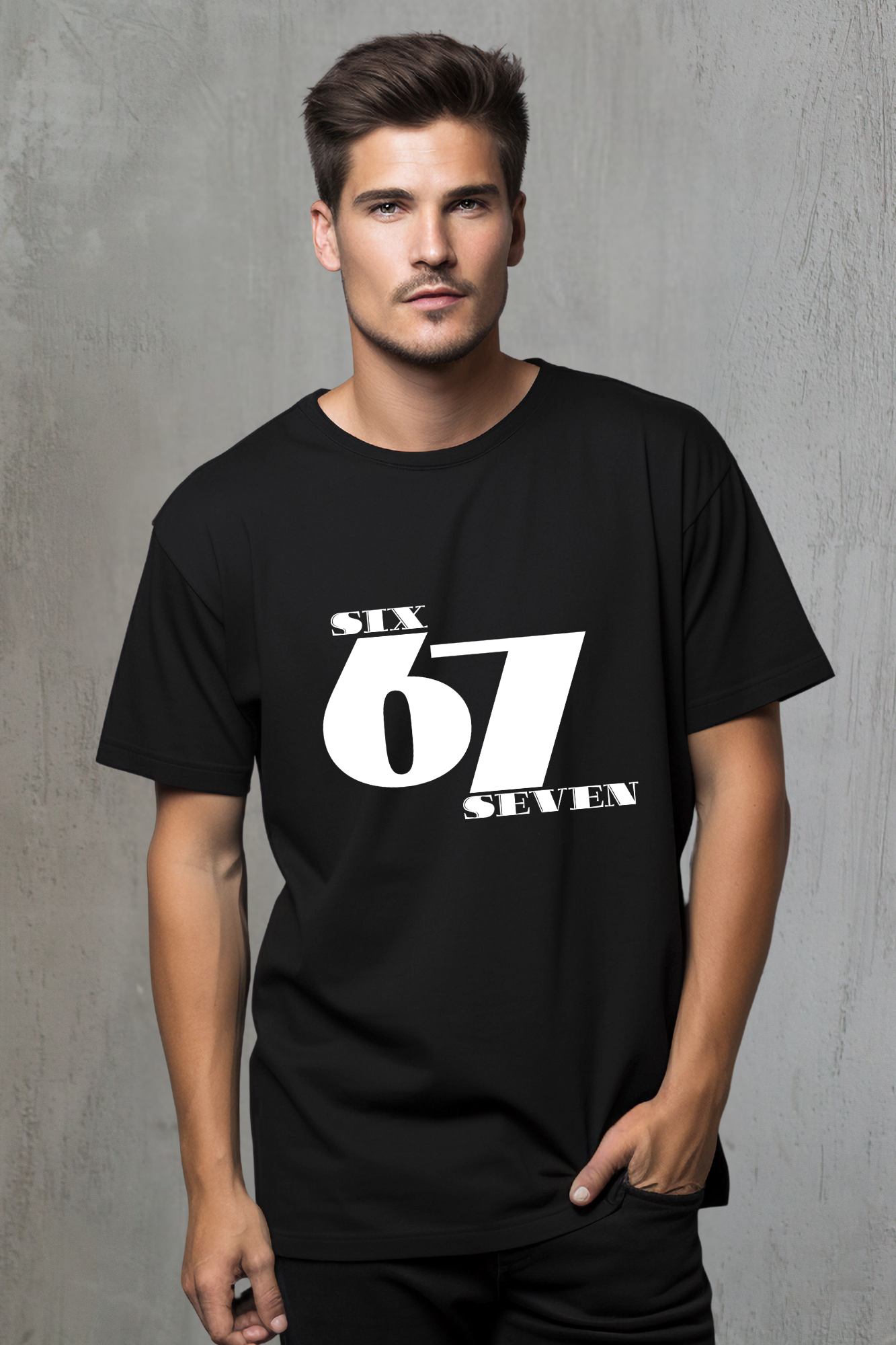 Man wearing a black t-shirt with 'Six 67 Seven' design on a black background