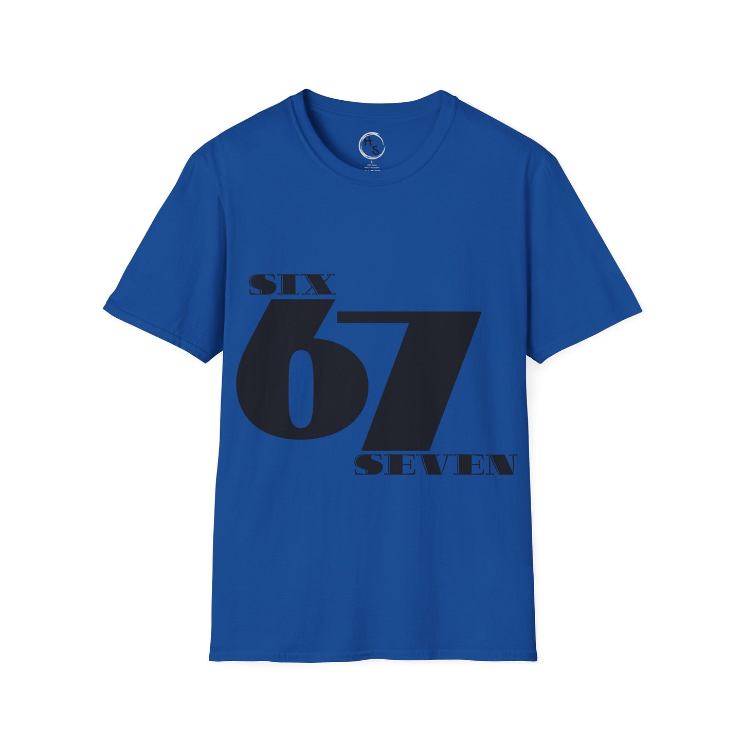 Blue t-shirt with black text 'SIX 67 SEVEN' on a blue background