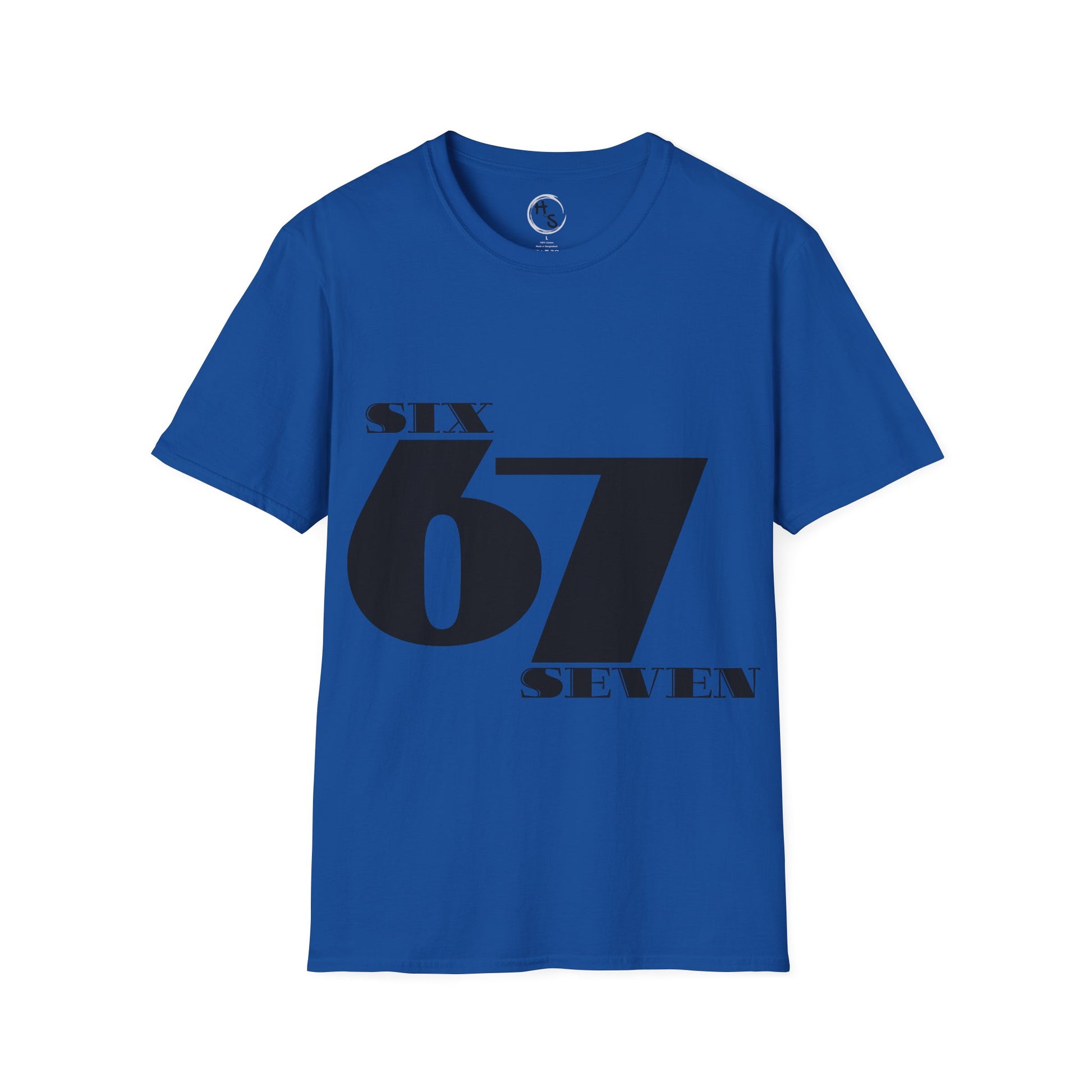 Blue t-shirt with black text 'SIX 67 SEVEN' on a blue background