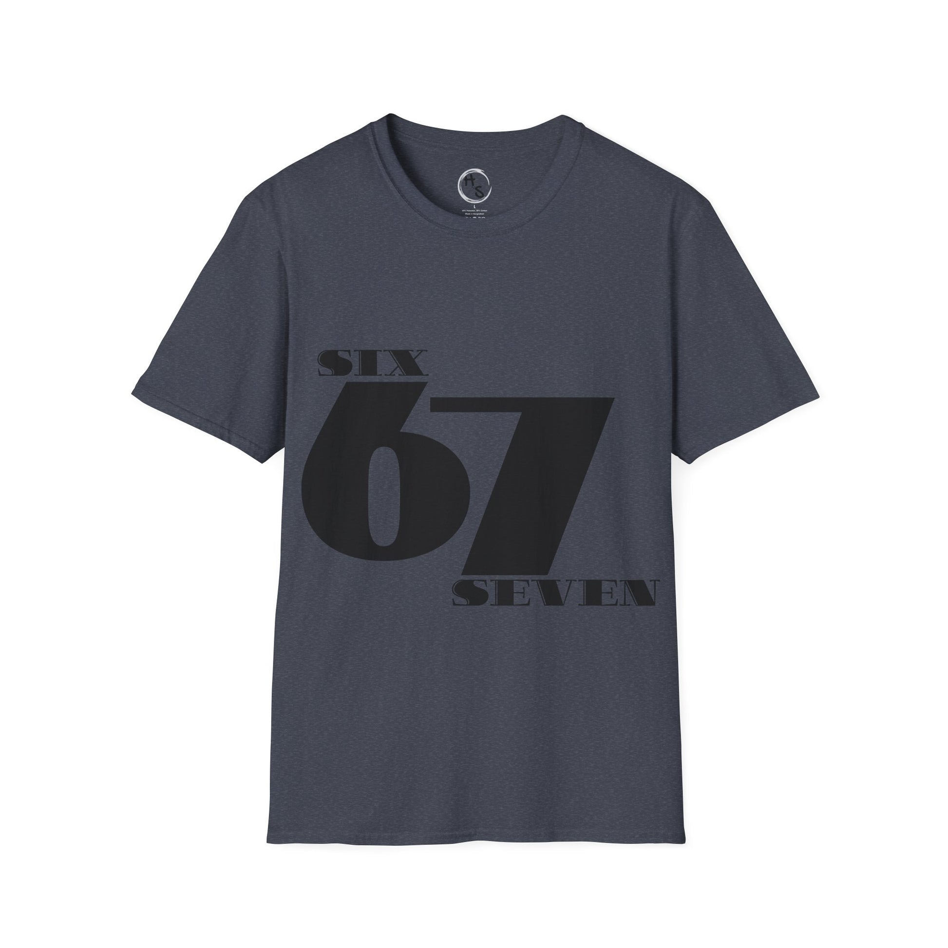 Gray t-shirt with 'Six 67 Seven' print on a dark grey background