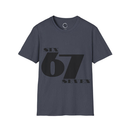 Gray t-shirt with 'Six 67 Seven' print on a dark grey background