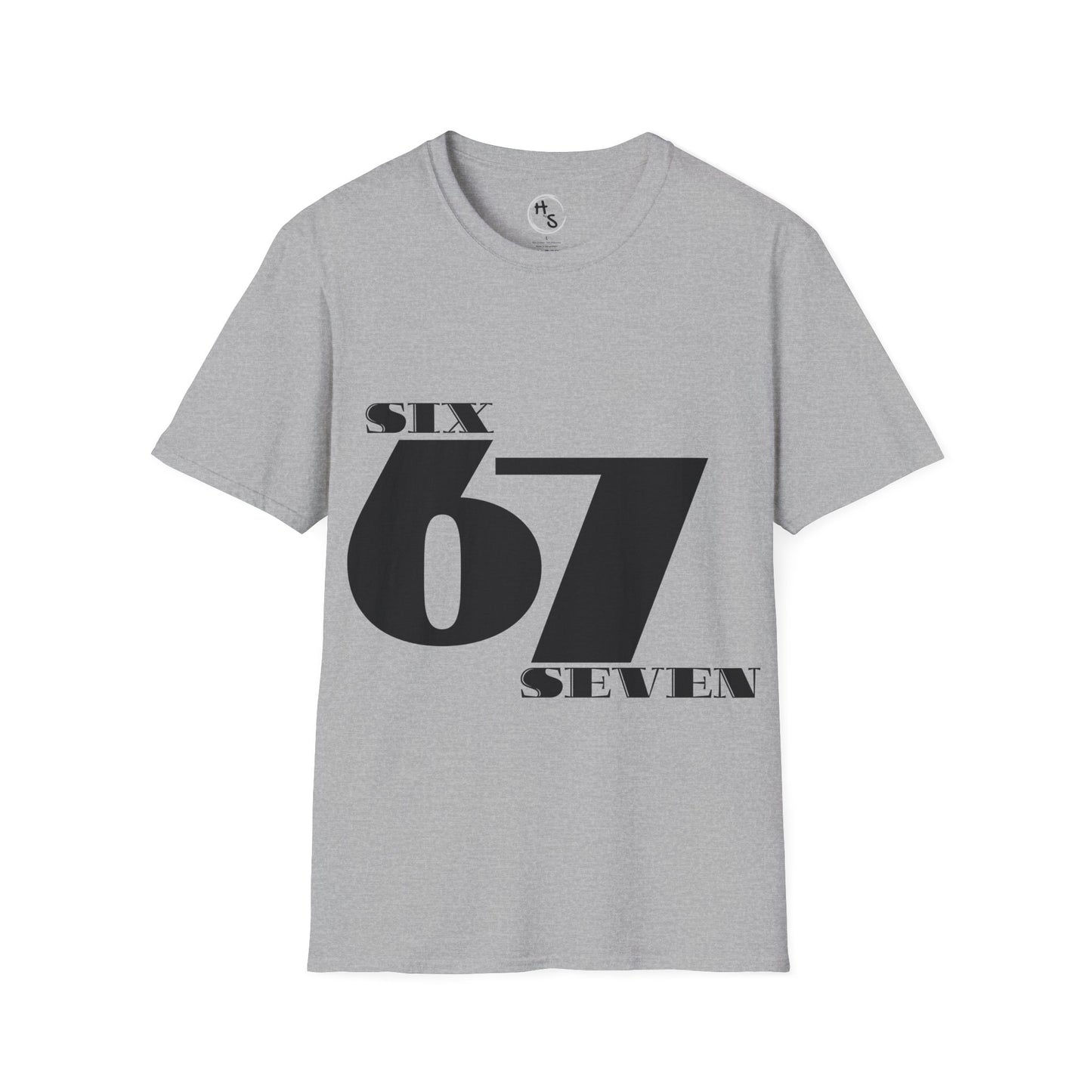 Gray t-shirt with 'SIX 67 SEVEN' text on a grey background