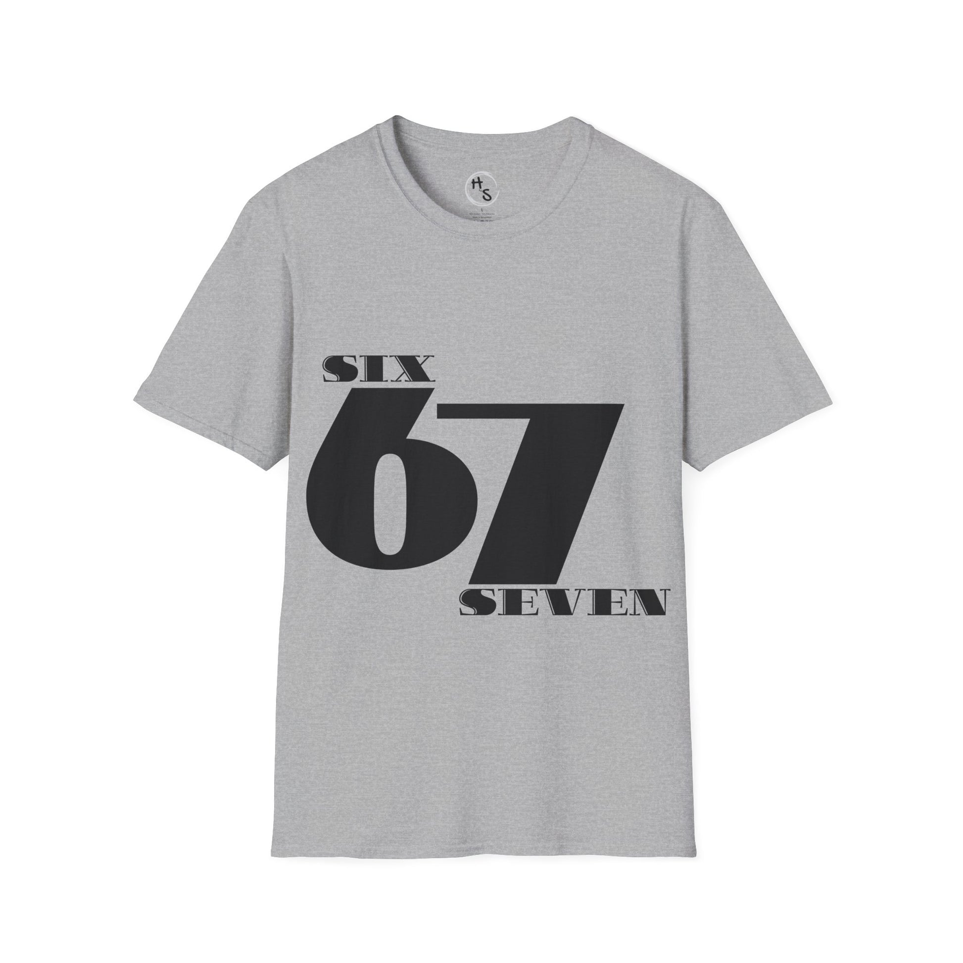 Gray t-shirt with 'SIX 67 SEVEN' text on a grey background