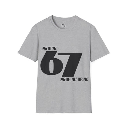 Gray t-shirt with 'SIX 67 SEVEN' text on a grey background