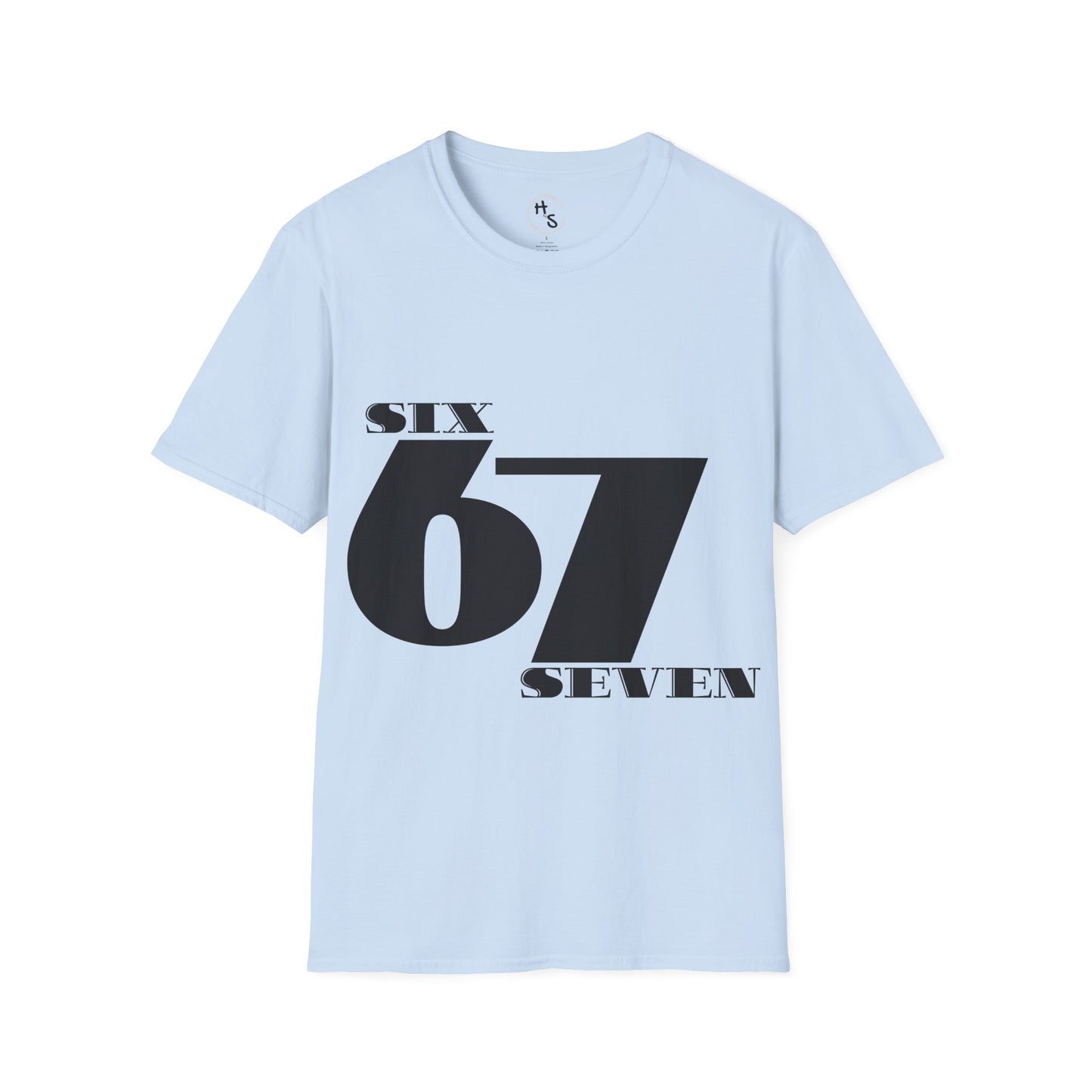 Light blue t-shirt with black text 'SIX 67 SEVEN' on a light blue background