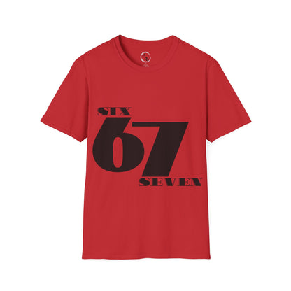 Red t-shirt with black text 'SIX 67 SEVEN' on a red background