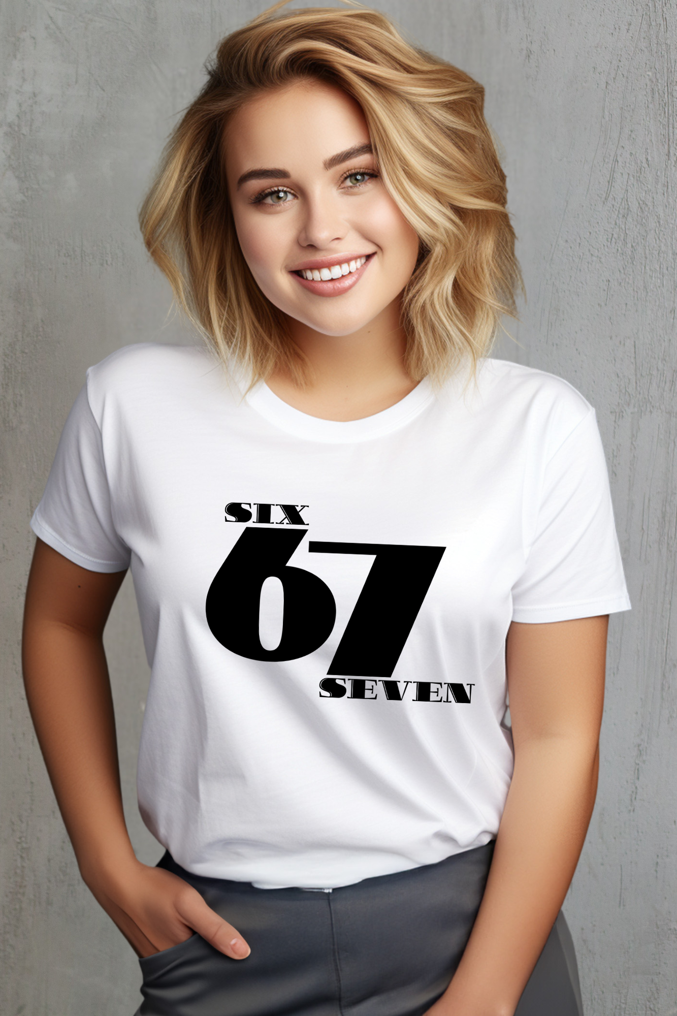 Woman wearing a white t-shirt with 'SIX 67 SEVEN' text on a white background