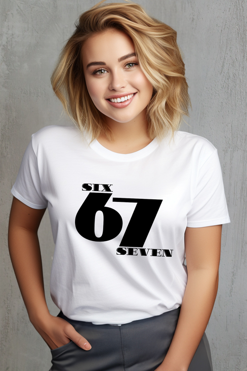 Woman wearing a white t-shirt with 'SIX 67 SEVEN' text on a white background